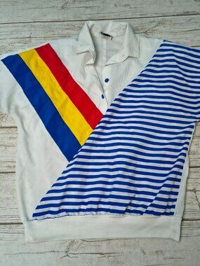 Vintage 80s Remo of California Colorblock Striped Top Polo Shirt Medium USA Made